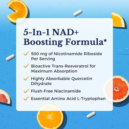 Vitalitown NMN Supplement Alternatives, NAD Supplement 1100mg Boosted with Resveratrol & Nicotinamide Riboside - Anti-Aging Cellular Energy, Longevity - Enhanced Absorption Formula - 60 Vegan Capsules