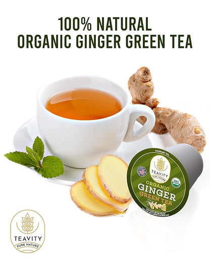 Green Tea & Ginger Tea Pods for Keurig - Caffeinated, Organic, Dye Free, Unsweetened, Herbal Blend for K Cup Machines - Hot or Iced (36 Tea Pods)