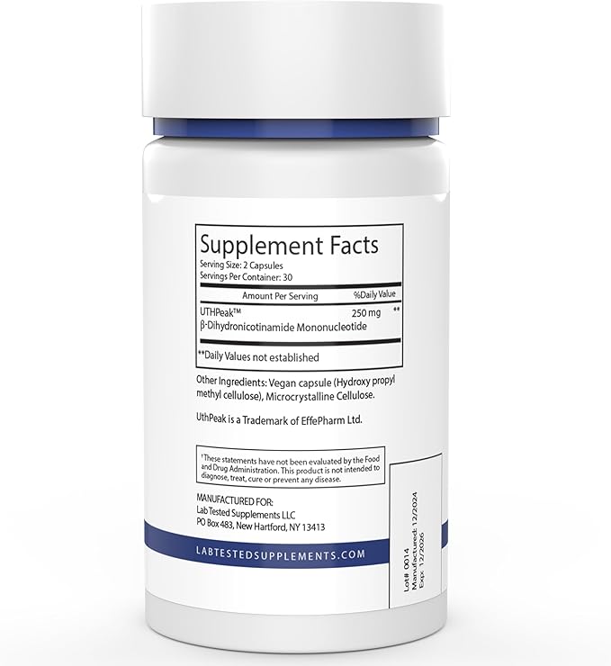 NMNH (UthPeak) - NAD Booster - Dihydronicotinamide Mononucleotide - 3rd Party COA Provided - 250 mg per Serving - 60 125mg Capsules