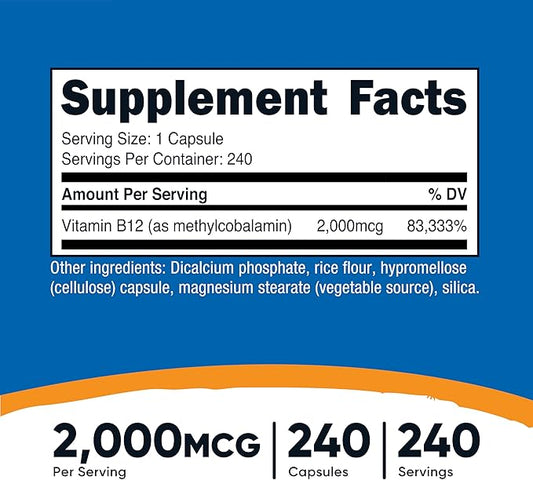Nutricost Vitamin B12 (Methylcobalamin) 2000mcg, 240 Capsules - Vegetarian Caps, Non-GMO, Gluten Free B12 Supplement