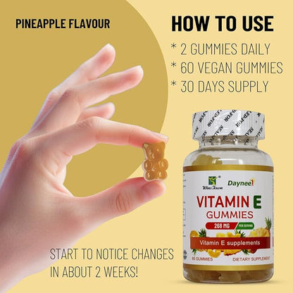 Vitamin E Gummies 268mg, Delicious, Vegan, Non-GMO, Adult Gummy Supplements, Immune, Skin & Eye Support, 60 Count