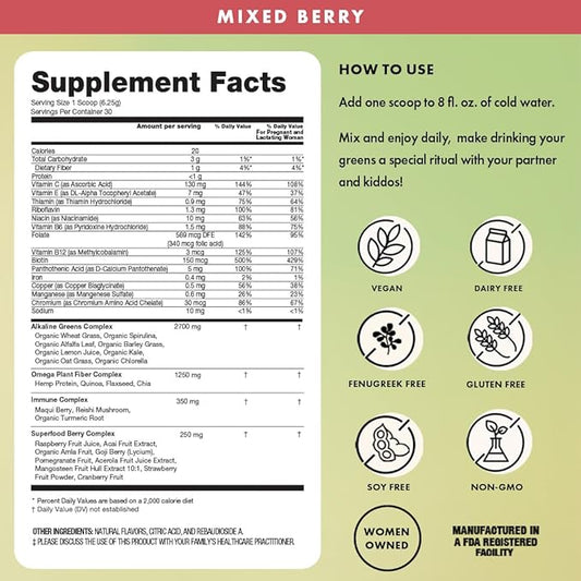 Boobie Mother of All Greens | Your New Family Ritual, Daily Super Greens Powder with 35+ Essential Nutrients for Moms & Families | Vegan, Gluten Free, & Sugar Free | Mixed Berry Flavor, 30 svgs