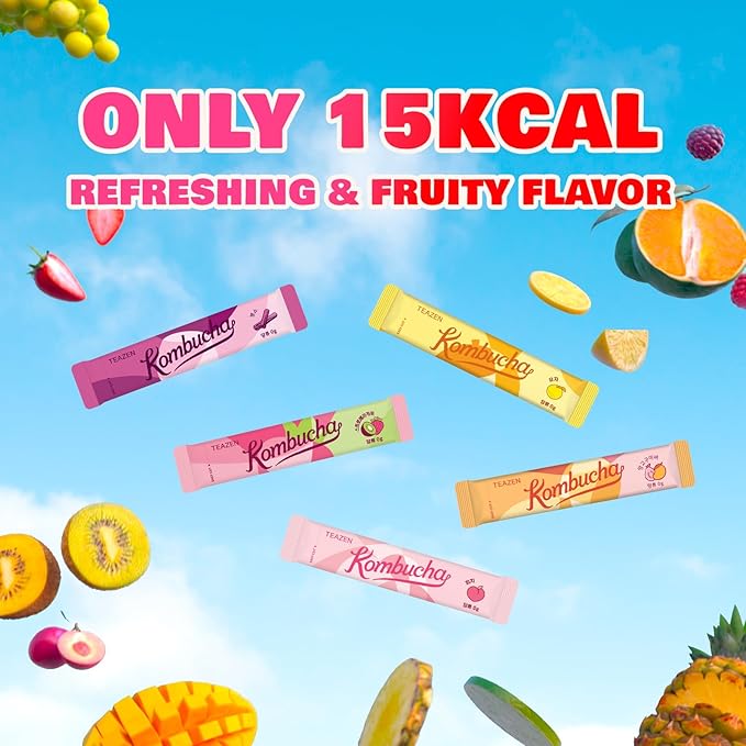 TEAZEN Kombucha Tea Sunset Bliss Hydration Variety Pack - 20 Sticks, 5 Flavors (Peach, Mango-Guava, Strawberry-Kiwi, Citron, Mulled Wine)