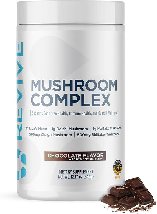 Revive MD Mushroom Powder, Chocolate - Mushroom Supplement Supports Focus, Cognitive, Immune & Brain Health with a Blend of Lion's Mane, Reishi, Chaga, Shiitake & Maitake - Gluten-Free - 30 Servings