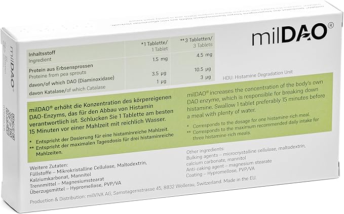 milDAO® – 60 Vegan Tablets | DAO Enzyme Supplement for Histamine Intolerance | 1,000,000 HDU per Tablet | with Catalase | Lyophilized | Foil Pouch with Silica Gel for Maximum Stability