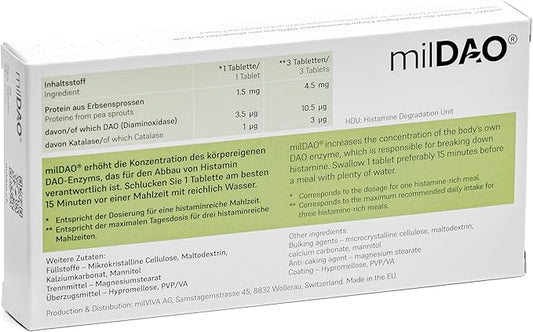 milDAO® – 30 Vegan Tablets | DAO Enzyme Supplement for Histamine Intolerance | 1,000,000 HDU per Tablet | with Catalase | Lyophilized | Foil Pouch with Silica Gel for Maximum Stability
