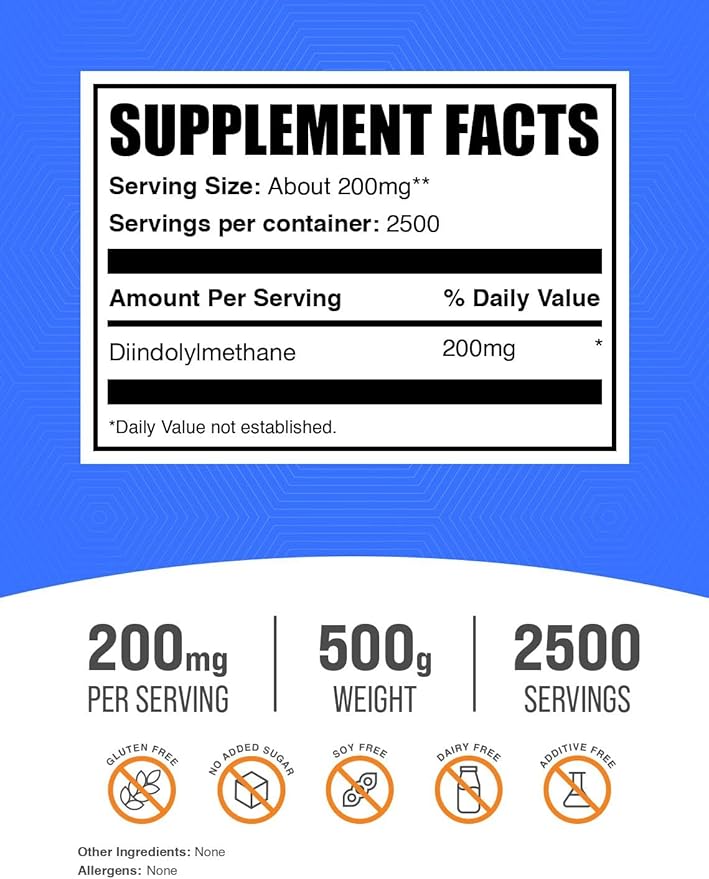 BulkSupplements.com DIM Powder - Diindolylmethane Powder, DIM Supplement for Men & Women - Unflavored & Gluten Free, 200mg per Serving, 500g (1.1 lbs) (Pack of 1)