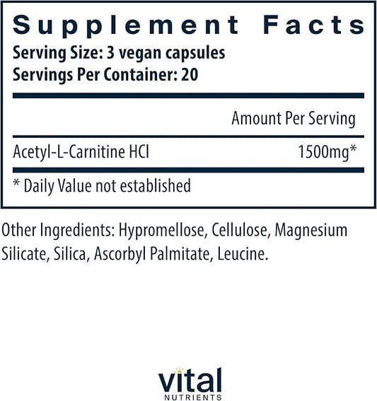 Vital Nutrients Acetyl L-Carnitine 500mg | Brain, Memory, and Cognitive Support Supplement* | Vegan | Gluten, Dairy, Soy Free | Non-GMO | 60 Capsules