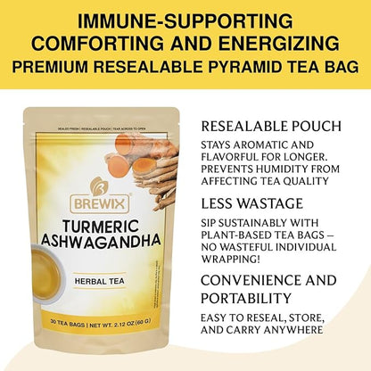 BREWIX, Turmeric Tea with Ashwagandha Root (30 Plant Based Tea Bags) Herbal Tea For Health & Wellbeing, Caffeine Free & Naturally Gluten Free | Supports Restful Sleep