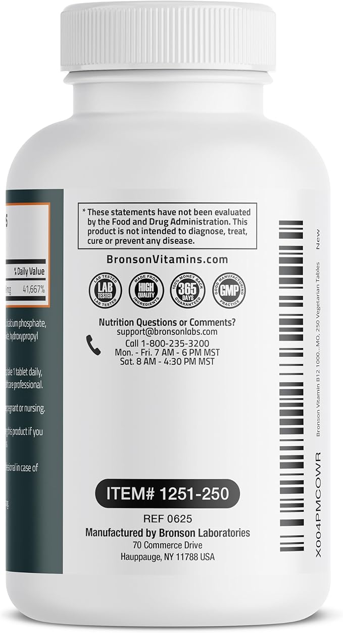 Bronson Vitamin B12 1000mcg Once Daily Formula Non-GMO, 250 Vegetarian Tables