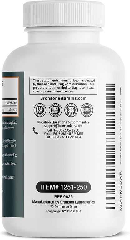Bronson Vitamin B12 1000mcg Once Daily Formula Non-GMO, 250 Vegetarian Tables
