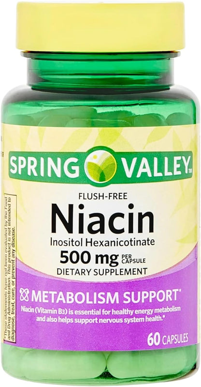 Vitamin B3 Niacin 500 mg Flush Free Capsules • Energy Metabolism Support • Nervous System Health • Dietary Supplement • 60 Pills by Spring Valley + Vena’s Sticker (Pack of 1)