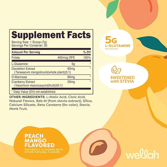 Wellah L-Glutamine Peach Mango (50 Servings) - 5g L-Glutamine Per Serving, Sweetened with Stevia