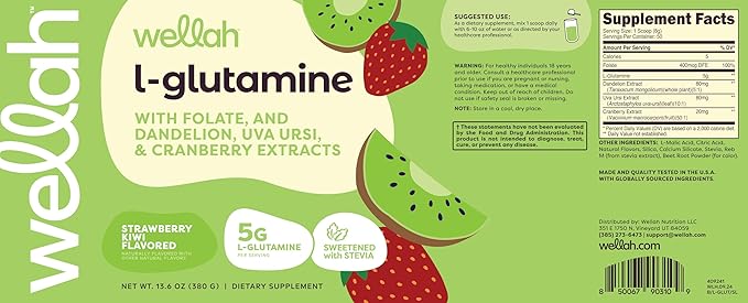 Wellah L-Glutamine Powder Strawberry Kiwi (50 Servings) - 5g L-Glutamine Per Serving, Sweetened with Stevia