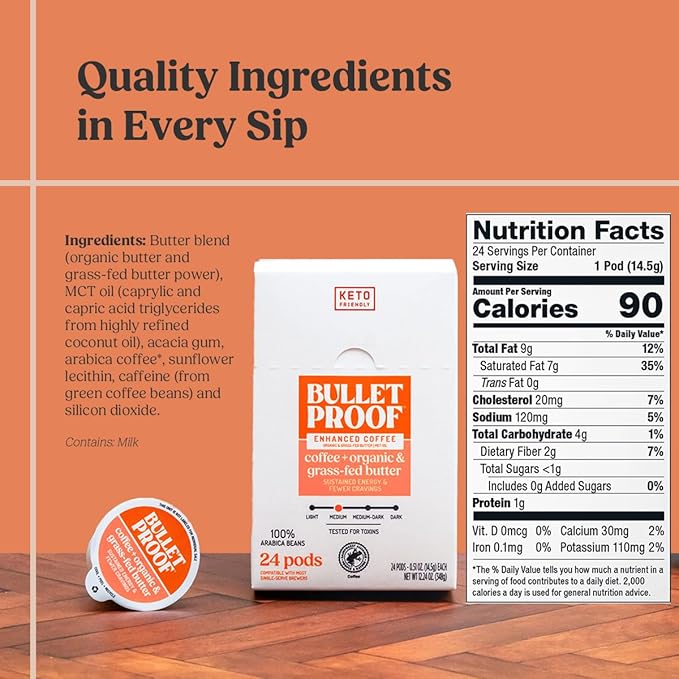 Bulletproof Coffee + Organic Grass-Fed Butter Single-Serve Pods, 10 Count, Keto Coffee, All-in-one Recipe with MCT Oil and Butter, Packaging May Vary