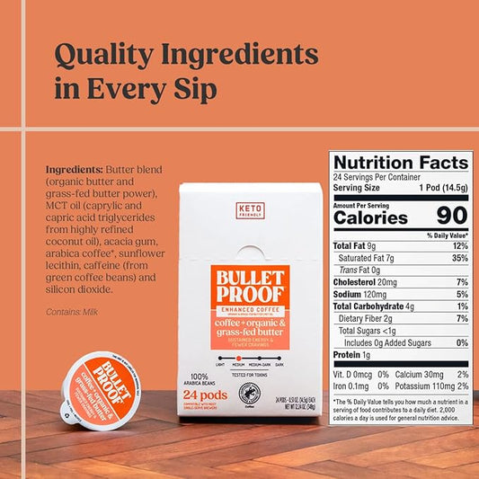 Bulletproof Coffee + Organic Grass-Fed Butter Single-Serve Pods, 10 Count, Keto Coffee, All-in-one Recipe with MCT Oil and Butter, Packaging May Vary
