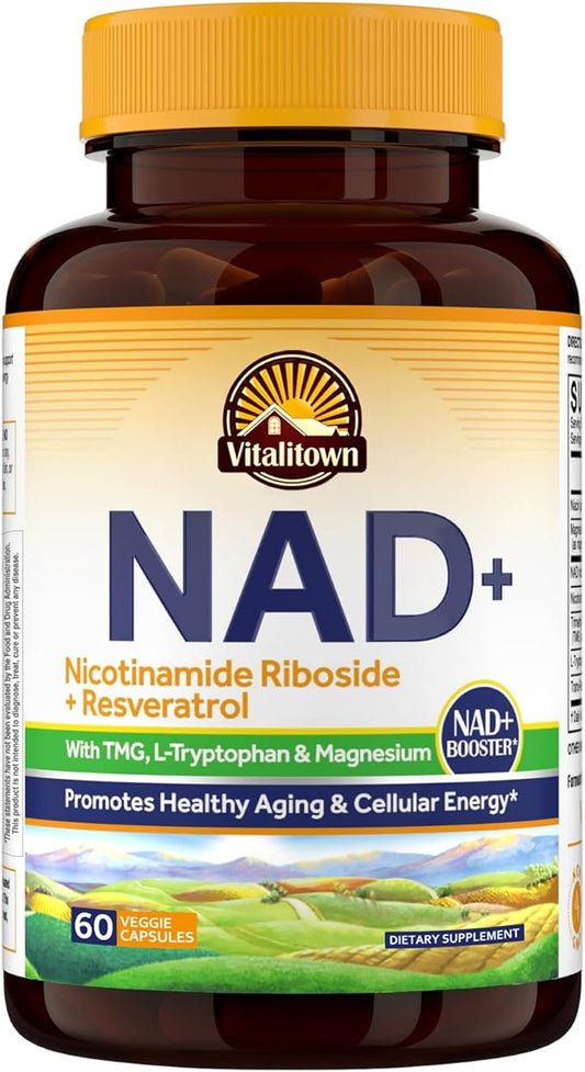 Vitalitown NAD Supplement, Nicotinamide Riboside, Trans-Resveratrol, Nicotinamide (B3), Trimethylglycine, NMN Alternative for Healthy Aging, Energy Metabolism and Vitality, 60 Capsules