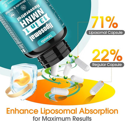 13 in 1 NMNH (Dihydronicotinamide Mononucleotide) 1000mg Per Serving, NMN Supplement Alternative with Liposomal NAD+ and Resveratrol, Non-GMO, Gluten-Free – for Anti-Aging, Energy, Focus – 90 Capsules