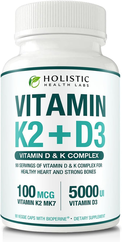 Max Absorption Vitamin K2 + D3 (5000IU) 90 Veggie Capsules from MK-7 (Menaquinone-7) and Cholecalciferol (with BioPerine) 3-Months Supply – D3 with K2 for Healthy Heart and Strong Bones | Non-GMO