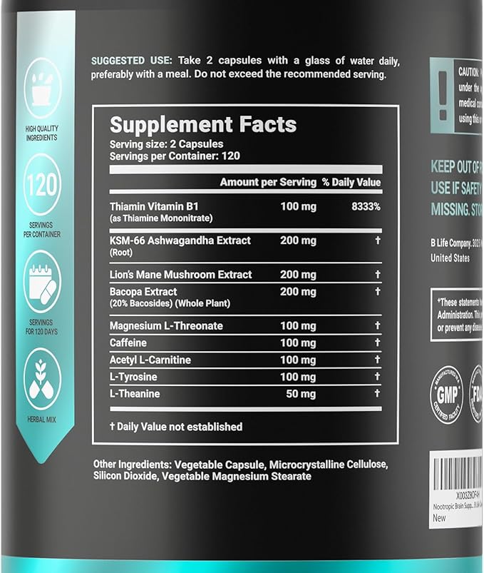 Clarity Complex with Natural Ingredients: Thiamin Vitamin B1, Ashwagandha, Lion's Mane Mushroom | 240 caps | Helps Increase Focus, Cognition, Memory and Clarity | Made in The USA by B Life.