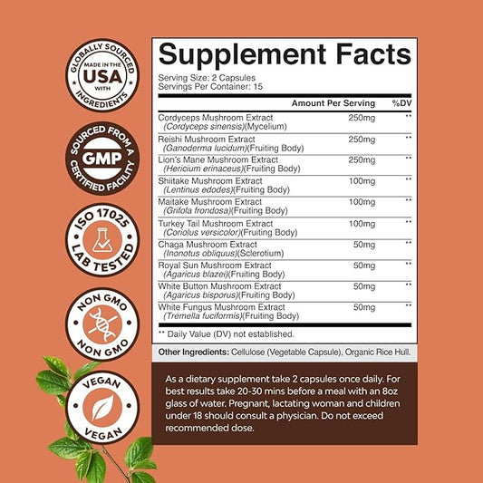 Advanced Mushroom Complex Capsules - 10X Lions Mane Supplement Capsules with Reishi, Chaga, Maitake & Shiitake for Brain Health, Memory Support & Focus - Nootropic for Mental Clarity - 30 Caps