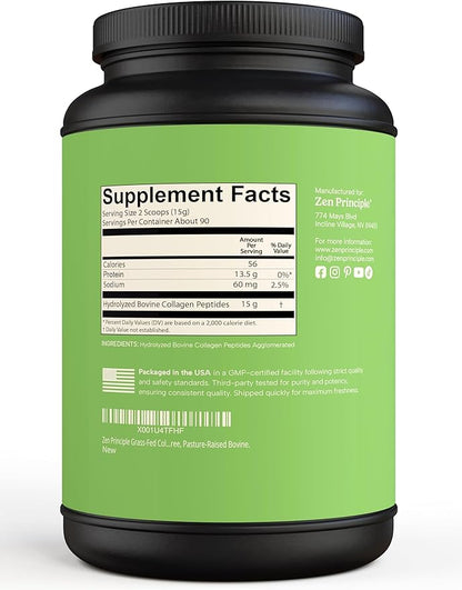 Zen Principle Grass-Fed Agglomerated Hydrolyzed Collagen Peptides 3 lb. Anti-Aging Protein Powder for Healthy Hair, Skin & Joints. Paleo and Keto Friendly, GMO and Gluten Free, Pasture-Raised Bovine.