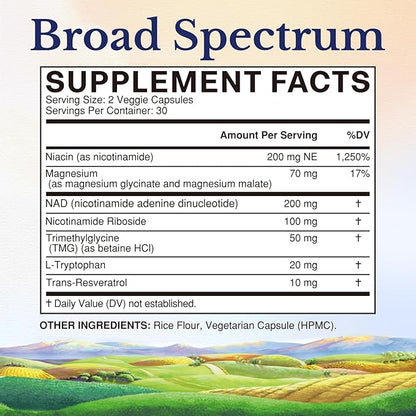 Vitalitown NAD Supplement, Nicotinamide Riboside, Trans-Resveratrol, Nicotinamide (B3), Trimethylglycine, NMN Alternative for Healthy Aging, Energy Metabolism and Vitality, 60 Capsules