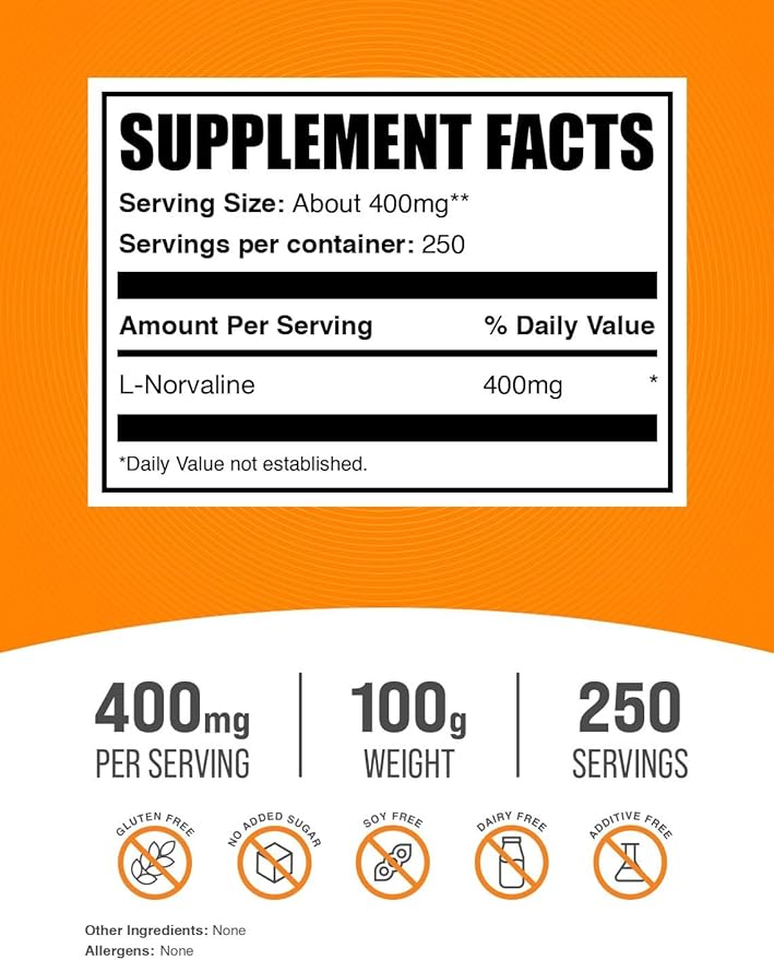 BulkSupplements.com L-Norvaline Powder - L-Norvaline Supplement, Nitric Oxide Supplement, Amino Acid - Gluten Free, 400mg per Serving, 100g (3.5 oz) (Pack of 1)