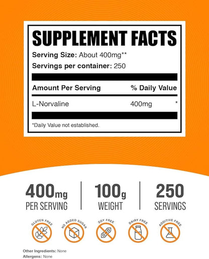 BulkSupplements.com L-Norvaline Powder - L-Norvaline Supplement, Nitric Oxide Supplement, Amino Acid - Gluten Free, 400mg per Serving, 100g (3.5 oz) (Pack of 1)