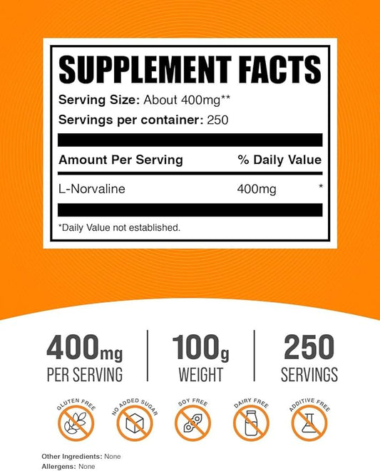 BulkSupplements.com L-Norvaline Powder - L-Norvaline Supplement, Nitric Oxide Supplement, Amino Acid - Gluten Free, 400mg per Serving, 100g (3.5 oz) (Pack of 1)