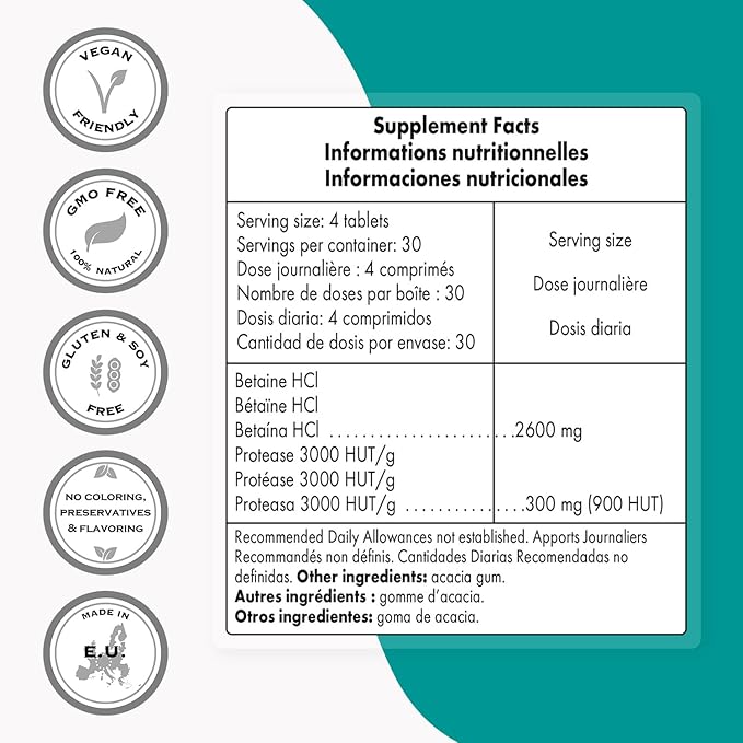 Supersmart - Betaine HCI 2600mg per Day (High Potency) - with Protease Enzymes - Betaine Hydrochloride Formula | Non-GMO & Gluten Free - 120 Tablets