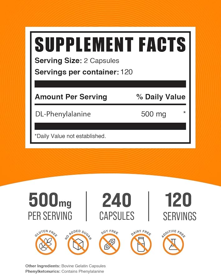BulkSupplements.com DL-Phenylalanine Capsules - DLPA Capsules, DL-Phenylalanine 500mg - DLPA Supplements, Gluten Free - 2 Capsules per Serving, 240 Capsules (Pack of 1)