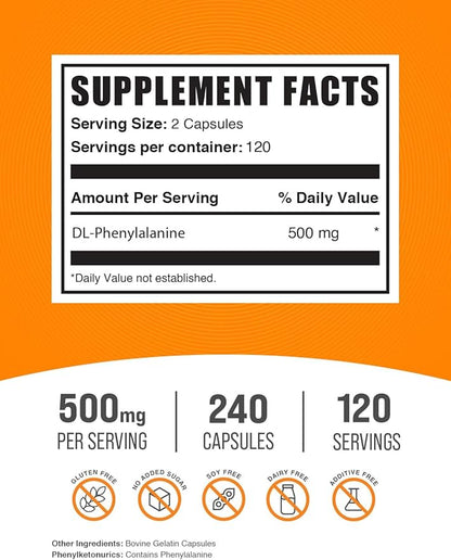 BulkSupplements.com DL-Phenylalanine Capsules - DLPA Capsules, DL-Phenylalanine 500mg - DLPA Supplements, Gluten Free - 2 Capsules per Serving, 240 Capsules (Pack of 1)