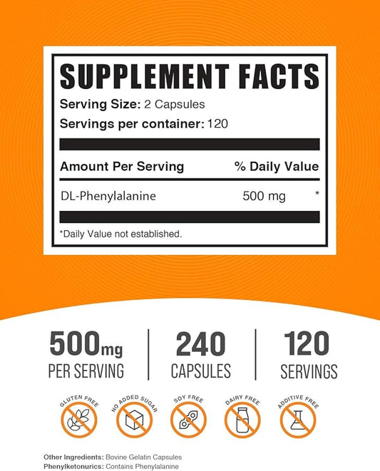 BulkSupplements.com DL-Phenylalanine Capsules - DLPA Capsules, DL-Phenylalanine 500mg - DLPA Supplements, Gluten Free - 2 Capsules per Serving, 240 Capsules (Pack of 1)