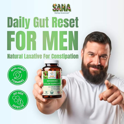 Natural Stool Softener - Safe for Daily Use, Postpartum, Pregnancy | Ultra Gut Daily Colon Cleanse, Constipation Relief for Adult and Senior Women & Men | 60 Herbal Laxative Pills | Sana Herbal