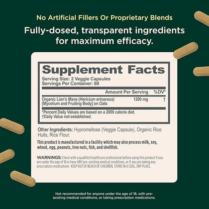 The Genius Brand Genius Lion's Mane - Plant-Based Supplement for Memory, Focus & Mood Support - Organic & Non-GMO - 120 Veggie Capsules