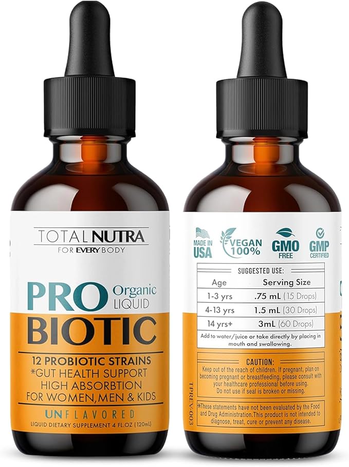 Liquid Probiotic for Women, Men, Kids, Toddler Probiotic: USDA Organic Probiotics, Vegan Probiotic Liquid & Alfalfa Blend + Acidophilus for Gut Health, Dairy Gluten Sugar Free, Non-GMO Oral Probiotics