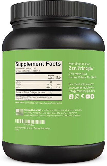 Zen Principle Grass-Fed Agglomerated Hydrolyzed Collagen Peptides 1.5 lb. Anti-Aging Protein Powder for Healthy Hair, Skin, Joints. Paleo Friendly, GMO and Gluten Free, Pasture-Raised Bovine.