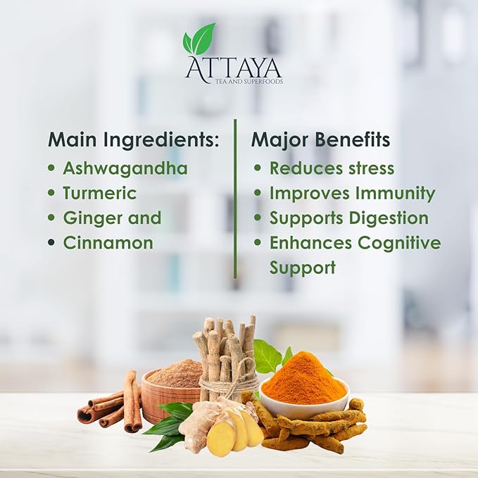 Attaya Ashwagandha Tea Bags - Ashwangandha + Turmeric Delight Tea - 35 Tea Bags -100% Herbal blend of Ashwagandha, Turmeric, Cinnamon, and Green Tea, 2.47 oz (70g)