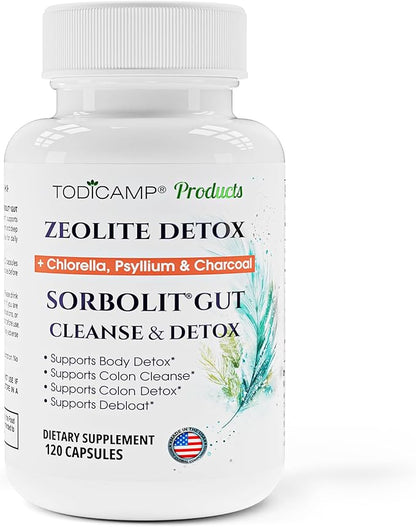 SORBOLIT Colon Cleanse Formula - Zeolite Detox, Chlorella, Activated Charcoal & Psyllium Husk Fiber Debloat Formula for Gut Health, Gut Cleanse, Colon Detox & Digestive Balance – 120 Vegan Capsules