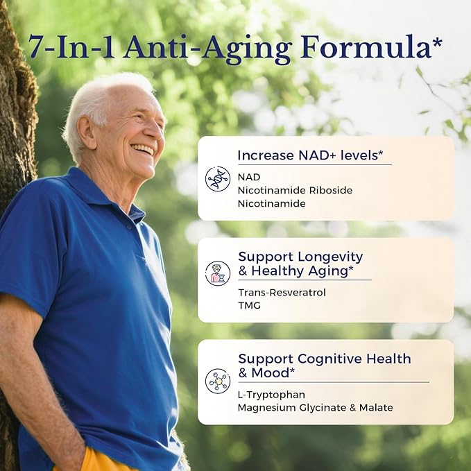 Vitalitown NAD Supplement, Nicotinamide Riboside, Trans-Resveratrol, Nicotinamide (B3), Trimethylglycine, NMN Alternative for Healthy Aging, Energy Metabolism and Vitality, 120 Capsules