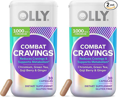 OLLY Combat Cravings, Metabolism & Energy Support Supplement,1000 mcg Chromium, Green Tea, Goji Berry, Ginger - 30 Count (Pack of 2)
