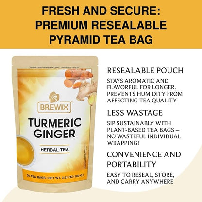 BREWIX, Turmeric Ginger Herbal Tea Bags (50 Pyramid Tea Bags) Immune Support | Naturally Caffeine Free, Gluten Free | Ayurvedic | Real Ingredients From India
