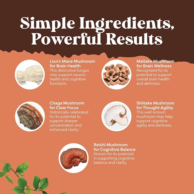 Advanced Mushroom Complex Capsules - 10X Lions Mane Supplement Capsules with Reishi, Chaga, Maitake & Shiitake for Brain Health, Memory Support & Focus - Nootropic for Mental Clarity - 30 Caps