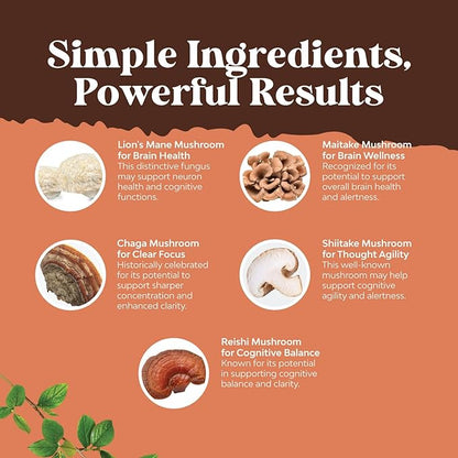 Advanced Mushroom Complex Capsules - 10X Lions Mane Supplement Capsules with Reishi, Chaga, Maitake & Shiitake for Brain Health, Memory Support & Focus - Nootropic for Mental Clarity - 30 Caps