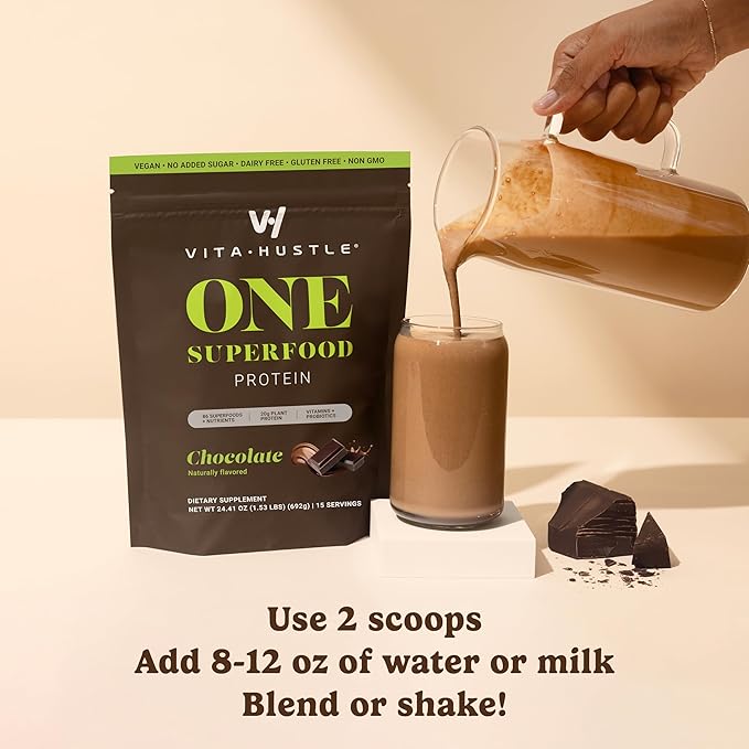 VitaHustle ONE Meal Replacement Shake - Plant Based Protein Powder by Kevin Hart - Vegan, Meal Replacement Powder with Superfoods, Vitamins, Adaptogens & Probiotics - Chocolate Flavor, 15 Servings