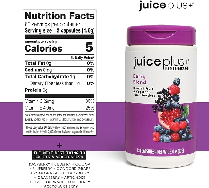 Juice Plus+ Fruit, Vegetable, Berry & Omega Blend Capsules - Nutrition from 30 Fruits, Vegetables & Berries + Plant-Based Omega Fatty Acids - 4 Bottles (60 Servings Each)