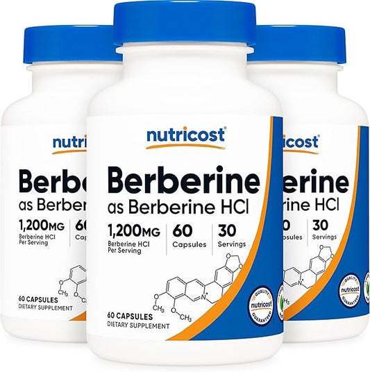 Nutricost Berberine HCl 1200mg, 60 Vegetarian Capsules - Gluten Free & Non-GMO (3 Bottles)