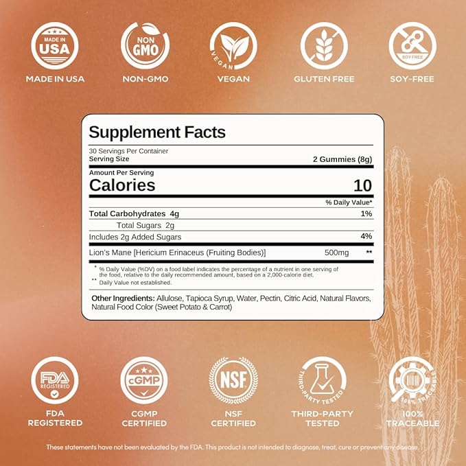Lion’s Mane Mushroom Gummies for Focus, Memory & Clarity | 500mg Fruiting Body Extract per Serving | Brain Health & Cognitive Support | Organic, Vegan, Gluten-Free | Canyon Cooler Flavor | 30 Servings