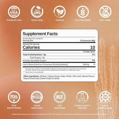 Lion’s Mane Mushroom Gummies for Focus, Memory & Clarity | 500mg Fruiting Body Extract per Serving | Brain Health & Cognitive Support | Organic, Vegan, Gluten-Free | Canyon Cooler Flavor | 30 Servings